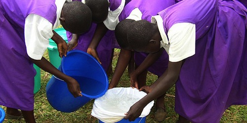 *Children filtering the treated water through a cotton cloth. 